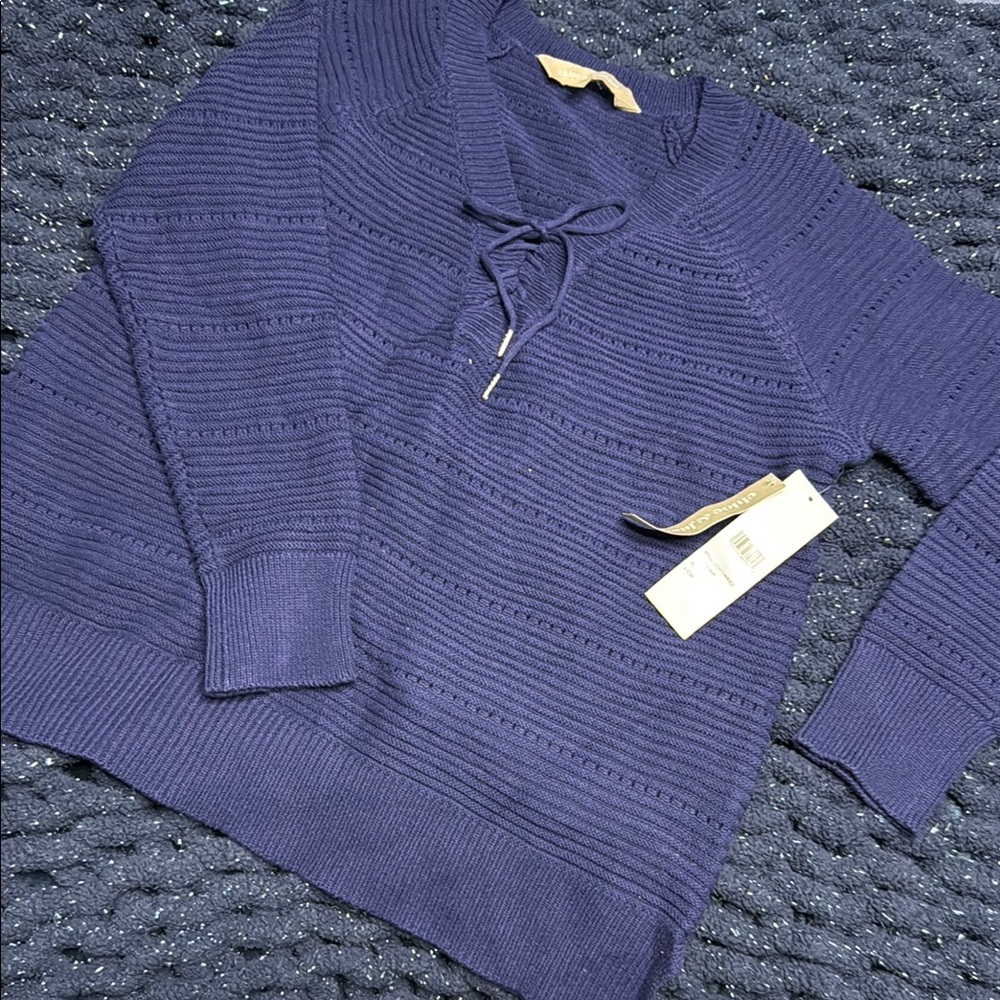 Blue V-Neck Sweater with Lace-Up Detail